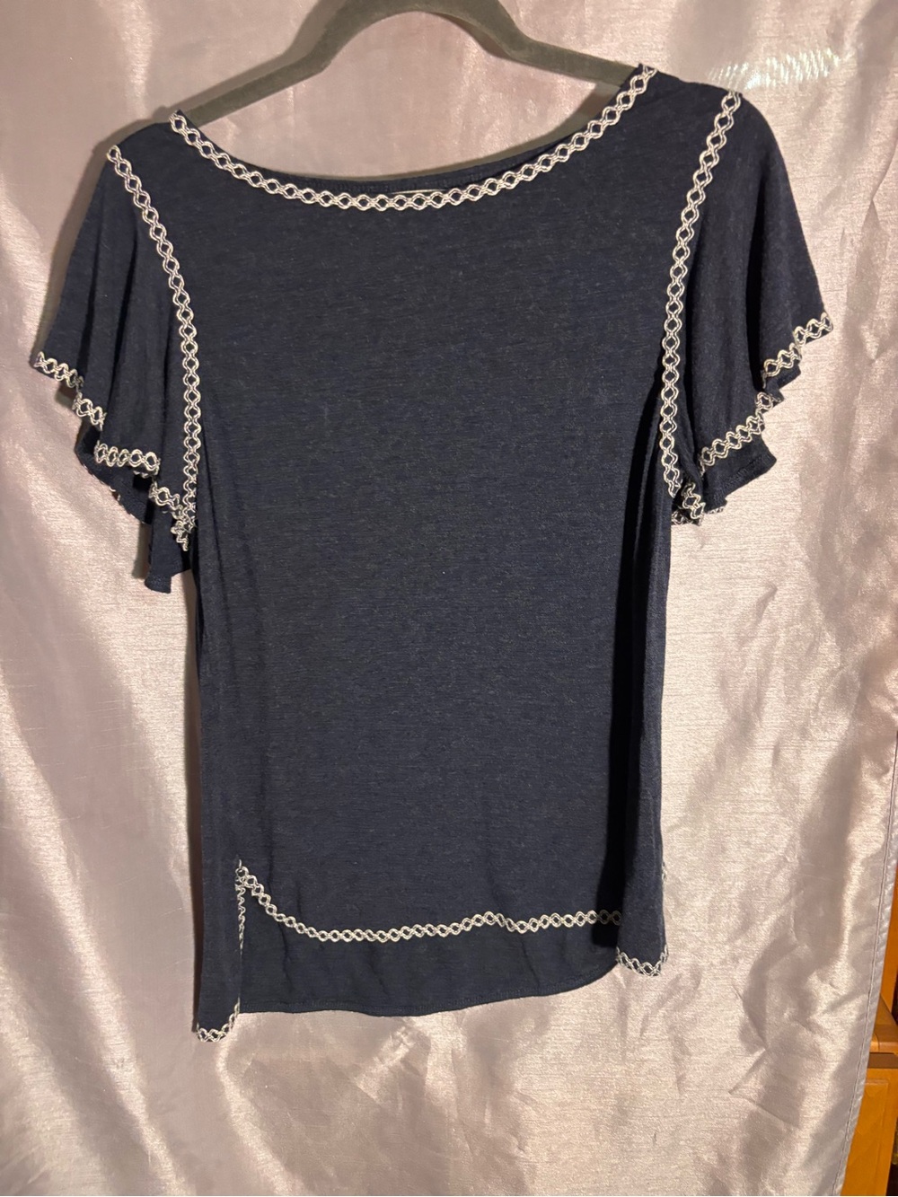 Max Studio Navy Short Sleeve Top with White Crochet Trim